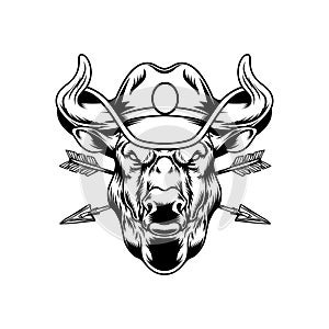Illustration of bull head with covboy hat in engraving style. Design element for logo, label, sign, emblem, badge