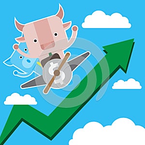 Illustration of bull and pig symbol of stock market trend.