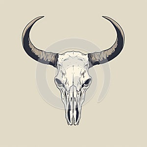 Illustration of a bull skull adorned with horns on a  beige background