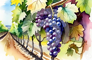 Illustration of a bunch of grapes in close-up on a sunny day. Winemaking. Industrial scales. New wine.