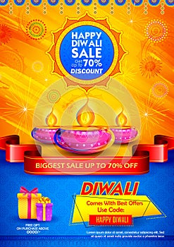 Burning diya on Happy Diwali Holiday Sale promotion advertisement background for light festival of India