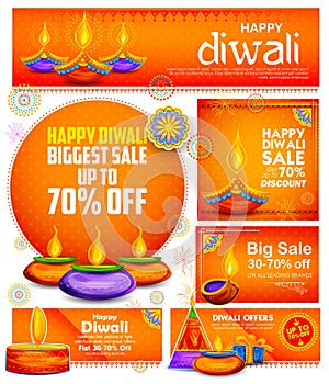 Burning diya on Happy Diwali Holiday Sale promotion advertisement background for light festival of India