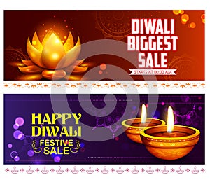 Burning diya on happy Diwali Holiday Sale promotion advertisement background for light festival of India