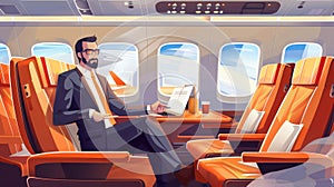 Illustration of a business class in flight. Luxury interior of a private jet. Modern illustration of a businessman
