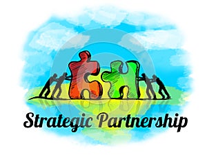 Illustration.Business concept of teamwork with jigsaw puzzle. Strategic Partnership