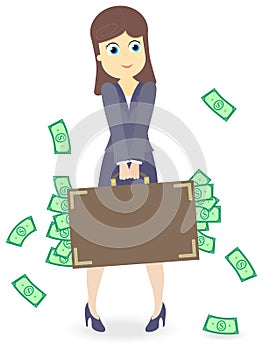 Illustration with Business lady with a heavy suitcase full of money isolated on white background , concept of prosperity of women