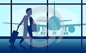 Illustration of a business man carrying a luggage at the airport