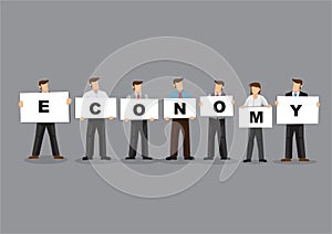 Illustration of business people holding white board cards title Economy on a grey background