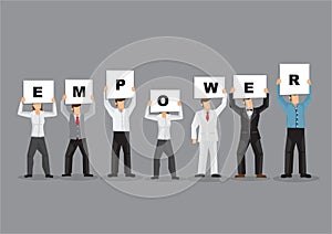Illustration of business people holding white board cards title Empower on a grey background