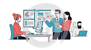 Business Team Meeting, Data Analysis, Customer Support Illustration