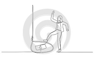 Illustration of business woman tricked with money bait get trap because greedy. Continuous line art