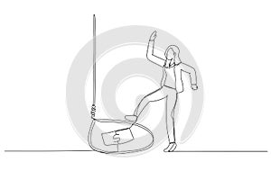 Illustration of business woman tricked with money bait get trap because greedy. Continuous line art photo