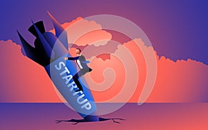 Illustration of a businessman aboard a falling startup rocket