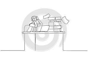 Illustration of businessman frustated sitting on office busy desk concept of overwhelmed. Single continuous line art