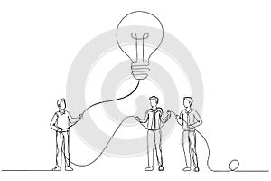 Illustration of businessman holding lightbulb as kite. Imagination and creativity. Single line art style