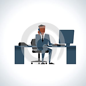 Illustration Of Businessman On Phone Sitting At Desk On