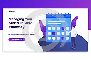 Illustration of businessman planning working month schedule in calendar. Modern flat design concept, landing page template.