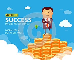 Illustration of businessman proudly standing on the huge money staircase