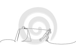 Businessman is pulling a huge weight with a tax. Taxpayer metaphor. One line style art