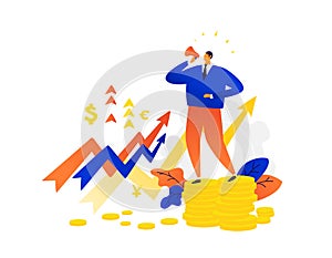 Illustration of a businessman speaking into a megaphone. Vector. The fall of stocks, assets, bonds. Exchange rates. Graphs of fall