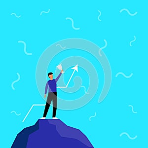 Illustration Of Businessman Standing Alone On Big Rock Proudly Holding Up High Trophy. Man Drawing Top Of Cliff Hanging