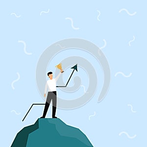 Illustration Of Businessman Standing Alone On Big Rock Proudly Holding Up High Trophy. Man Drawing Top Of Cliff Hanging