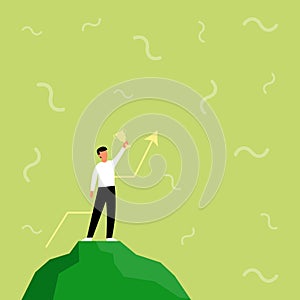 Illustration Of Businessman Standing Alone On Big Rock Proudly Holding Up High Trophy. Man Drawing Top Of Cliff Hanging