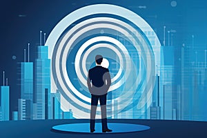 illustration of businessman standing in front of target goal