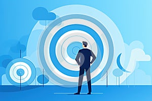 illustration of businessman standing in front of target goal
