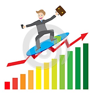 Illustration of businessman surfing business arrow wave on chart