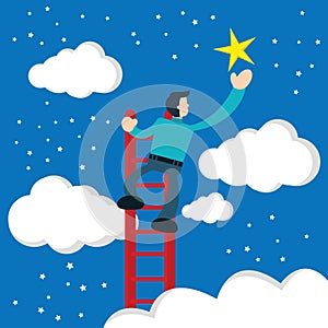 Illustration of businessman touches the stars using the stairs