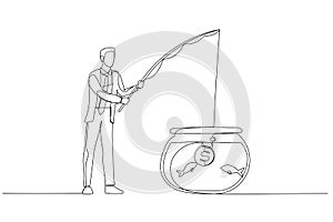 Illustration of businessman try to hook and catch with coin bait. Single continuous line art style