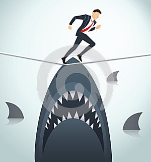 Illustration of a businessman walking on rope with sharks underneath business risk chance