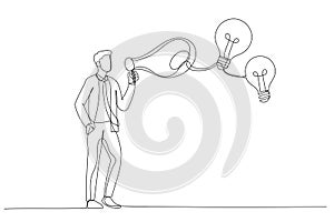 Illustration of businessman watering on growing money coin seedling plant from lightbulb idea metaphor of monetize idea. Single