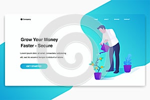 Illustration of businessman watering money plants, concept for making money, invest. Modern flat design concept, landing page temp