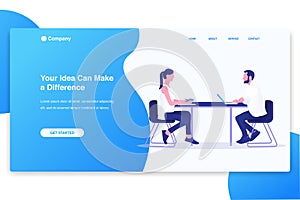 Illustration of businessmen and businesswomen meeting and brainstorming. Modern flat design concept, landing page template.