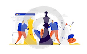 Illustration of businessmen playing chess. Competition in business. Vector. Metaphor. Development of interfaces. Strategy and tact