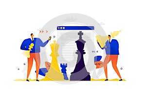 Illustration of businessmen playing chess. Competition in business. Vector. Metaphor. Development of interfaces. Strategy and tact