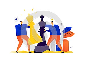 Illustration of businessmen playing a game of chess. Competition in business. Vector. Metaphor. Strategy and tactics in business.