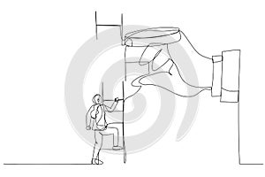 Illustration of businesswoman climbing up to top of broken ladder with huge helping hand to connect to reach higher. Single line