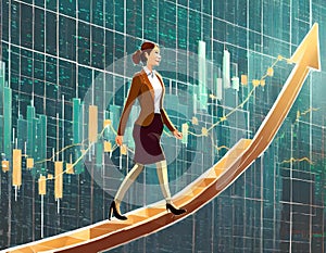 Illustration of a businesswoman confidently walking along an upward trend line amidst financial graphs