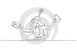 Illustration of businesswoman dizzy stressed because of daily work receive email sending paper. Single continuous line art style
