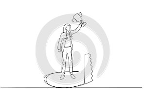 Illustration of businesswoman holding trophy but get betrayed by someone. Single continuous line art style