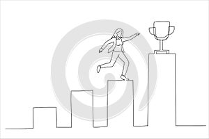 Illustration of businesswoman professional step up growing bar graph to win the trophy. Business winner, achievement or prize. One