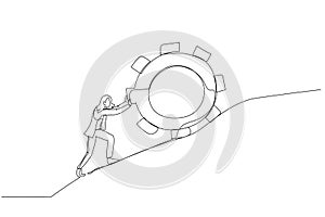 Illustration of businesswoman pushing gear to the top metaphor of persistence and hard work. One line art style