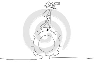 businesswoman standing on gears looks through a telescope. One line art style