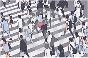 Illustration of busy city crowd crossing zebra in perspective