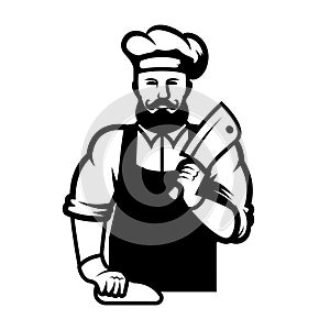 Illustration of a butcher with hatchet and meat. Design element for emblem, sign, badge.
