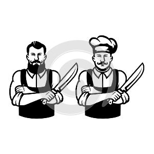 Illustration of a butcher with hatchet and meat. Design element for emblem, sign, badge.