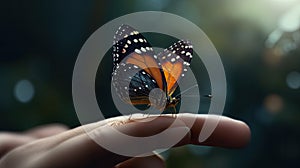 Illustration of a butterfly perched on a child\'s hand